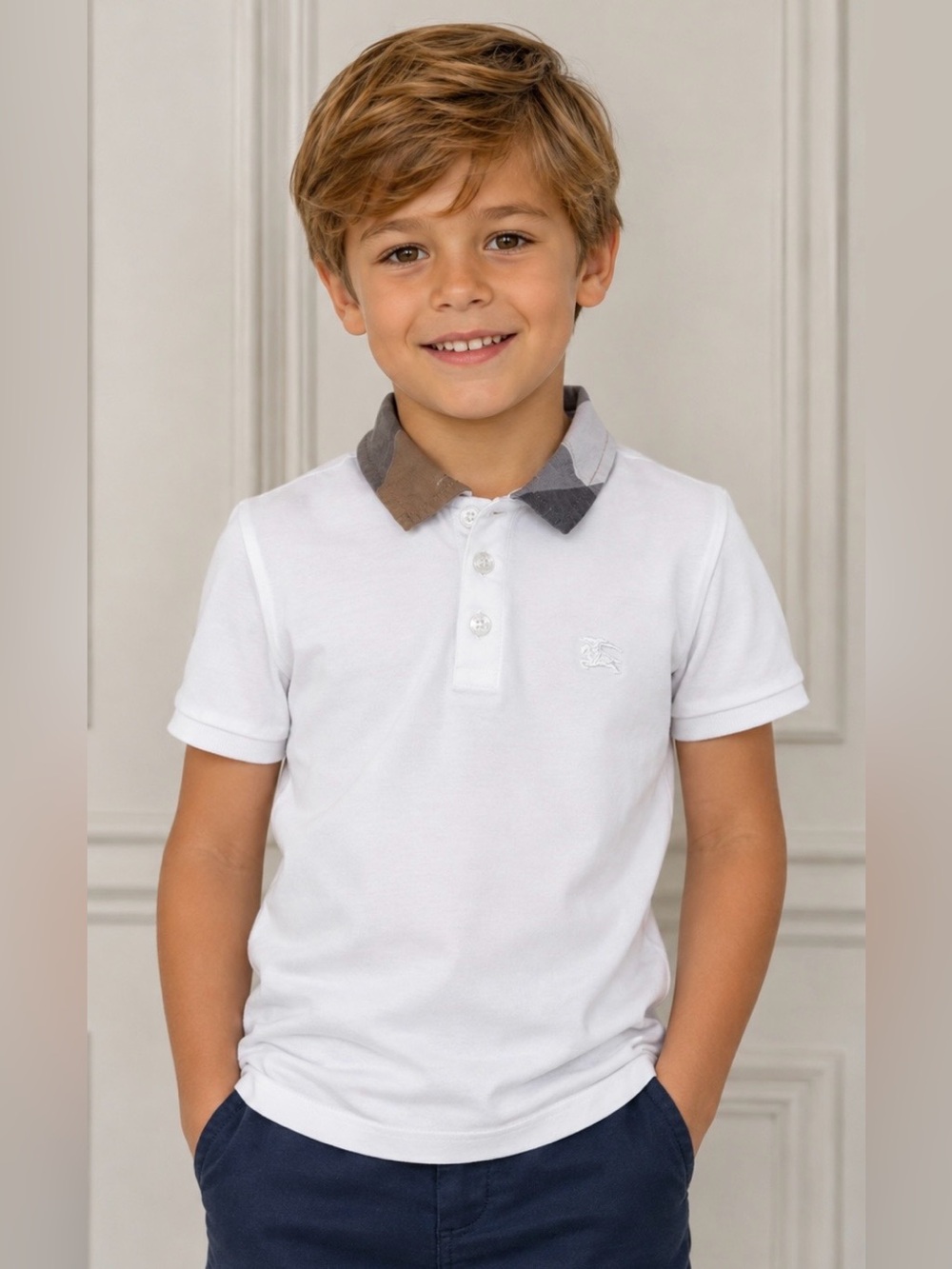Burberry Boys 6Y White Polo with Burberry Checked Plaid Collar